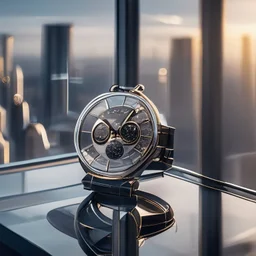 very close up of a very big luxury wrist watch with dark mirror glass stands on table in balcony skyscraper and reflects modern city environment image , to the camera ,centered.