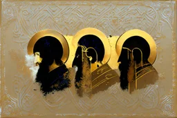 (three:2) determined ancient male Jews (wearing Jewish jewelry:2), acrylic painting, minimal art, centered, wild sparse brushstrokes, amazing verticals, great parallels, low bleak colors of gold, beige and black, excellent negative space contrasts