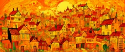 A golden orange colored town with funky music notes painted by Vincent van Gogh