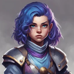 dnd, portrait of female halfling cleric, purpley blue hair.
