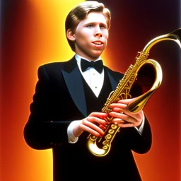 REd-haired Ron howard Is richie from happy days playing his saxophone with "closed-eyelids", rock band, embouchure, joanie cunningham