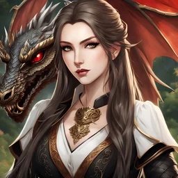 Icon or avatar. An arrogant looking young woman with pale skin and long brown hair in an outdoor fantasy setting with intricate details with a dragon flying in the background. She is smirking, wearing black and read leather, has red eyes, an air of malevolent power surrounds her. Anime style. High definition.