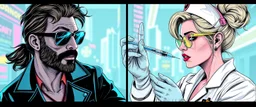 cyberpunk mega city fallout 4, airbrush and pen outline, A cinematic, high-end advertisement image for a fictional service called “Posh Symposium with Spice Girl Nurse Glam Fashion Party™”. Split-screen composition with two contrasting emotional states. Mad scientist getting injected.