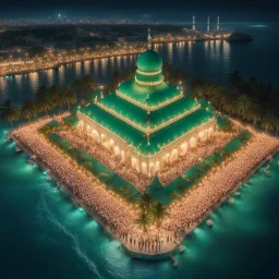 Hyper Realistic Aerial View of Lots of people worshiping outside a Huge-Beautifully-Crafted-Green-Mosque decorated with garland-lights & lamps between an island with ocean-water-waves at night with dramatic-&-cinematic-ambiance