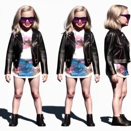 Margot Robbie toddler, full body, leather jacket, floral shirt, floral skirt, shoe, soft skin, dramatic lighting, hyper realistic