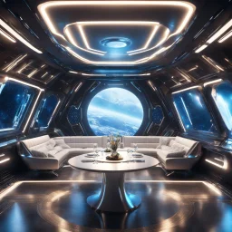 Futuristic and luxury interior crue dinner room in spaceship,4k,photoreal