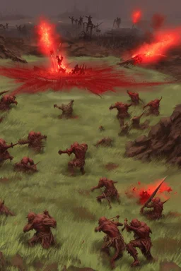 a red battle field with dead orcs