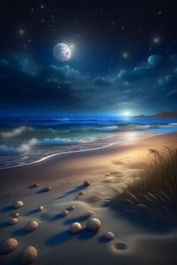 magic sea, beach with sand, shells, realistic, professional photo, 4k, top view, cosmic sky, stars, full moon, milki way