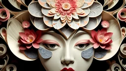 3D, showing fractal pattern of woman's face and paper flowers. Very detailed. Symmetry. Fine details.