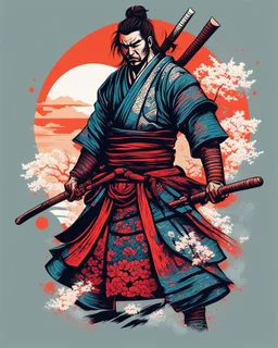 illustration for t-shirt design of a japanese samurai, vector illustration, optimize for bold lines, vibrant colors suitable for printing, centered, isolated, illustration, vibrant. Full body