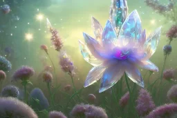 one big crystal subtle flower in a galactic ambiance with a very little beautiful fairy, transparent petals, delicate colors, in the foreground, full of details, smooth, bright sunshine，soft light atmosphere, light effect，vaporwave colorful, concept art, smooth, extremely sharp detail, finely tuned detail, ultra high definition, 8 k, unreal engine 5, ultra sharp focus