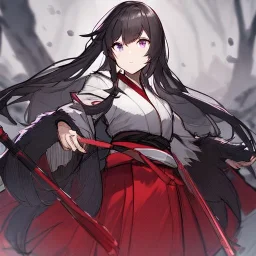 Clear focus, High resolution, long black fluffy hair, long locks, chopped bangs, purple eyes, wearing a samurai outfit that is red and white, wearing a red skirt, (solo), rough line sketch