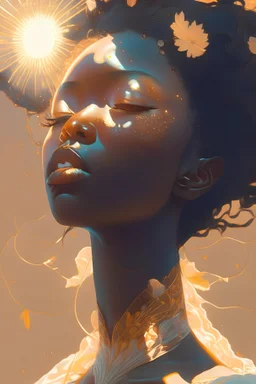 black woman kissed by the sun, by hsiao - ron cheng, very high intricate details, painting, sun lighting, glowing lights, atmospheric, trending on artstation