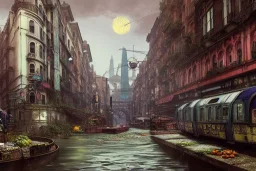 Corner Elevated Train run raid Train Canal River and corner shop greengrocer in colorful Italian street+Gothic city+BioShock+Dishonored+Bloodborne +trieste+Edinburgh+Chicago+victorian London+decòpunk Skyscraper+ +steampunk+biopunk+alphonse mucha, greg rutkowski,matte painting, cryengine, hyper detailed, felix kelly, fantasy art, seb mckinnon