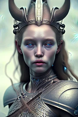 A photo realistic portrait of a stunning viking humanoid Alien princess, who is incredibly sad, 8k, 3d with depth of field hyper realistic