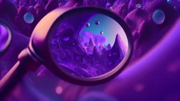 a giant magnifying glass, purple tones, dreamy, psychedelic, 4k, sharp focus, volumetrics, trippy background