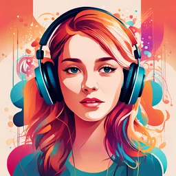 "Generate a charming vector illustration of a young women face . She should be wearing headphones, and the background should feature a colorful and inviting study room with elements that exude a sense of music. Emphasize a warm and soft and hard colors delightful details. Capture the young girl as she enjoys slow music