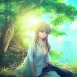 Insanely portrait of beautiful girl day, sunny, relaxing, sea, trees, real details anime style, realistic, glowing forest, 8k