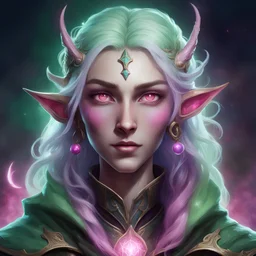 Generate a dungeons and dragons character portrait of the face of a female eladrin. She is a night eladrin fey-elf with vivid pink eyes and light green hair that is long and worn down slightly curled around her face. She is a sorcerer and wears a hood adorned with constellations.