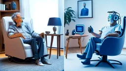 man sitting in his lazy boy chair at home argues with his AI clone that is in a different location over the phone