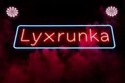 A simple neon sign labeled "Lyxrunka" black background and bold red font, smoke and strobes