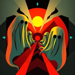 nyctophobia ghosts, abstract geometric art, by Ray Johnson, mind-bending illustration; asymmetric, 2D, warm colors, crimson dark shine burn