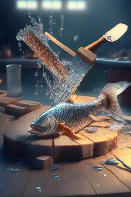 fish with hands and fingers, down in the sparkly water, producing a wooden table and a big knife, 3d rendering, depth of field