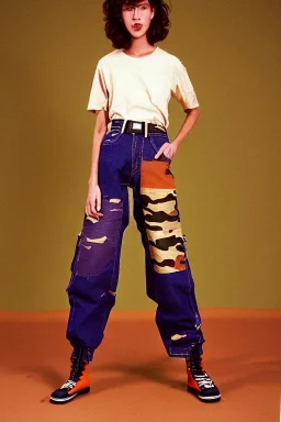 year 1996 denim fashion. Loose fit, "combat pants" with low waist, baggy, Combat pants and t-shirt. Colors: denim blue, blue, purple, khaki, light green, lilac, plum, orange, terracotta, red, pink, dark blue, beige. Women models. Patterns: Something between camouflage and lynx prints, stripes. Sturnus vulgaris pattern prints.Jennifer Lopez, Gwyneth Paltrow, . Big tennis shoes on. Cargo pants. street style hoodie