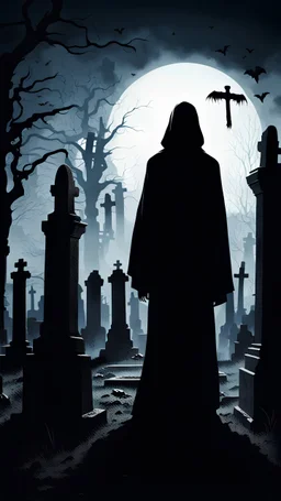 A silhouette in a white robe stands on a scary cemetery in horror film style