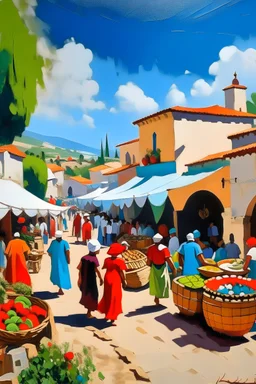 a market in the Moroccan countryside, on a sunny day, with people shopping, picaso-style painting