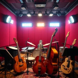 Photographic View Of Eastern Musical Instruments Set In Orchestral Way In A Music Studio Made Of Grunge Maroon Walls With Marquees Lights 80s Style.