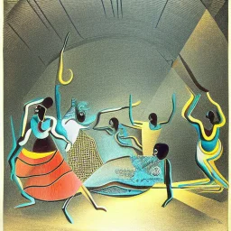 drawn in single line by Nicolai Blatter with hatch with parallel wavy lines metal engraving with african man dance procession in salvador dali style or picasso style