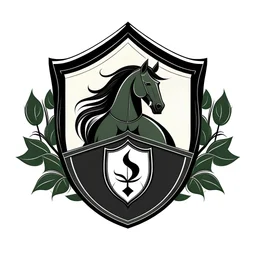 Create an elegant shield logo with a black horse in the middle, and a white waterlily. The shield may have green accents.