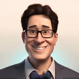 a portrait of smiling a man. carricature. mature. boss. dark black hair. short hair. light brown skin. dark brown eye pupils. wearing small rectangle, thin frame glasses. square face shape. formal dress. pixar style. 3D. 4k. portrait. highly detailed. sharp focus. high resolution. full color. cinema lighting