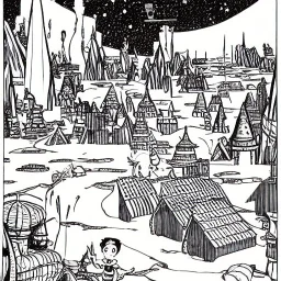 Village in the cosmos in Winsor McCay style and dr seuss style