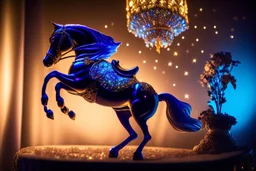 night, dark room, bioluminescent Coloured glass dynamically jumping horse set with gemstones, glittering metal stems and gemstone leaves on a room table sharp focus elegant extremely detailed intricate very attractive beautiful dynamic lighting fantastic view crisp quality exquisite detail gems and jewels S<AI Weight:1 Professional photography, bokeh, natural lighting, canon lens, shot on dslr 64 megapixels sharp focus Weight:0.9