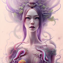  doll up, latex suit,Asian woman, leaning pose, full body, squid, intricate detail , watercolor illustration by <agnes cecile> centipede, insects, nest, octopus, fly, squid, multiple eyes everywhere, Dryad, plants, wildflower,