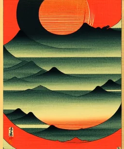 Ukiyo-e art, red sun