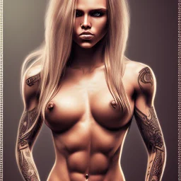 Very muscular woman with long blonde hair and tribal tattoos wearing a torn teeshirt