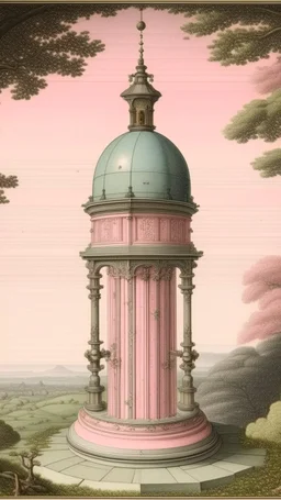 A pale pink dreamy observatory with a telescope pointing at space painted by Utagawa Hiroshige