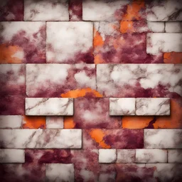 Hyper Realistic marble patterned bricks maroon & orange on rustic grungy background with vignette effect