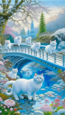 in the center: beautiful chunky white cats playing on a bridge with grey mice, under the brigde flows a small blue river; background: landscape, first plan: pink flowers: white clouds in shape of cats, season: winter and snowfall