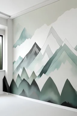 Paint HANDPAINTED WALL MURAL WITH mountain-like triangles in varying heights and sizes, creating a dynamic and visually striking landscape. Color Palette: Alpine white, misty grey, mountain green, sky blue