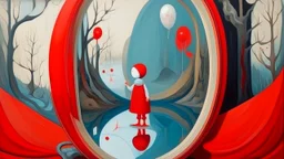 Bubble Wonderland, A figure is holding a mirror that reflects their hidden expression, gouache, mirrored foil, red ballon, primitive, symbolism