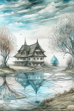 The place where the Dream and its followers live. A reflection of the sky. Watercolor, new year, fine drawing, beautiful landscape, pixel graphics, lots of details, pastel aqua colors, delicate sensuality, realistic, high quality, work of art, hyperdetalization, professional, filigree, hazy haze, hyperrealism, professional, transparent, delicate pastel tones, back lighting, contrast, fantastic, nature+space, Milky Way, fabulous, unreal, translucent, glowing