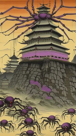 A purple citadel with spiders designed in Javanese shadow puppets painted by Utagawa Hiroshige