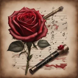 Hyper realistic red rose on a vintage paper with harmonica instrument & musical notes