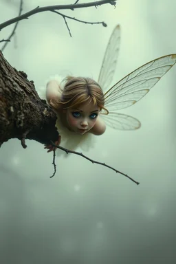 Extremely realistic photo of fairy ,hovering around a tree with big winks, fog, general foul weather, (Rembrandt Lighting), zeiss lens, ultra realistic, (high detailed skin:1.2), 8k uhd, dslr, Dramatic Rim light, high quality, Fujifilm XT3, artwork in pale distressed tones , minimalistic approach, blends old world aesthetics art with elements of distressed painting and illustration, shadow play, high conceptuality, palette inspired by Charlene Mc Nally, Carne Grif