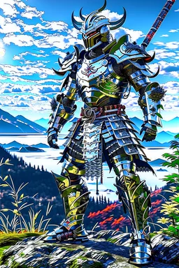 Full body, samurai wearing biomechanical armor, photorealistic,mountain background