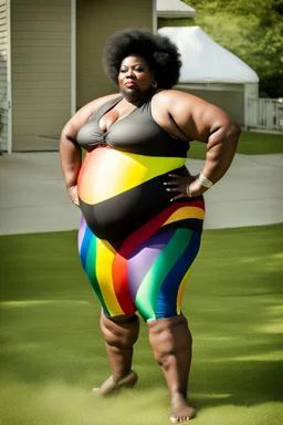 Massively obese black woman with a beard wearing a skin-tight rainbow swimsuit with a a tutu. Photograph.